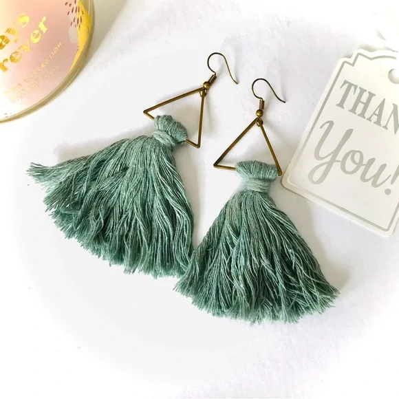 Sage Green Blue Tassel Earrings - Picture 2 of 7